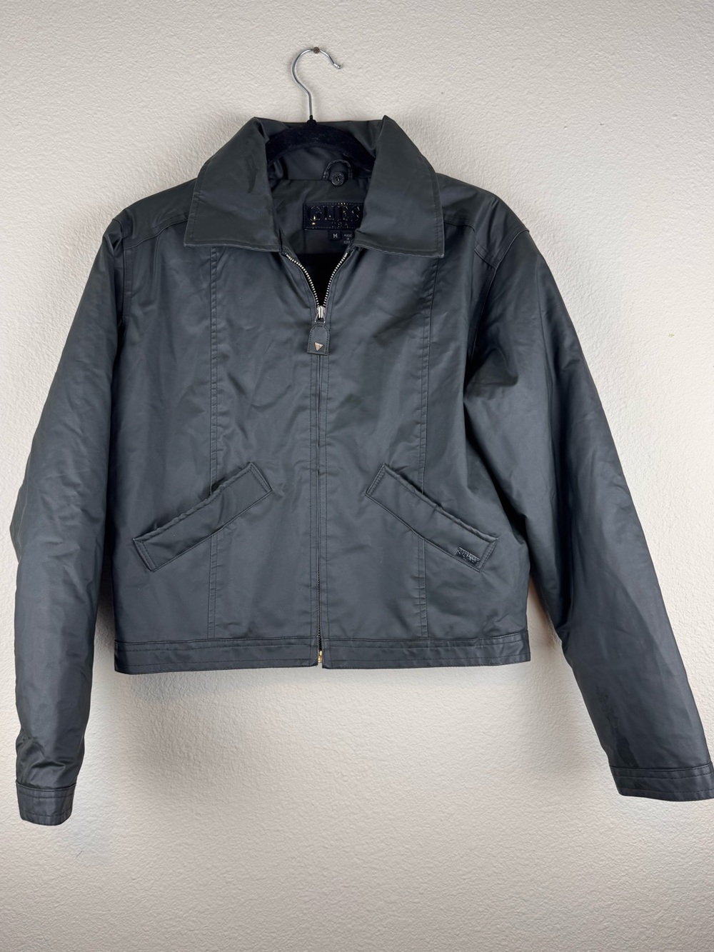 Vintage GUESS USA M Black Coated Bomber Jacket Made Korea Y2K 90s Zip